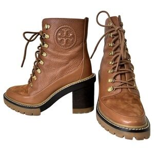 Tory Burch Leather Boot Womens Size 7.5 M Miller Tumbled Lug Cognac NWOB $500
